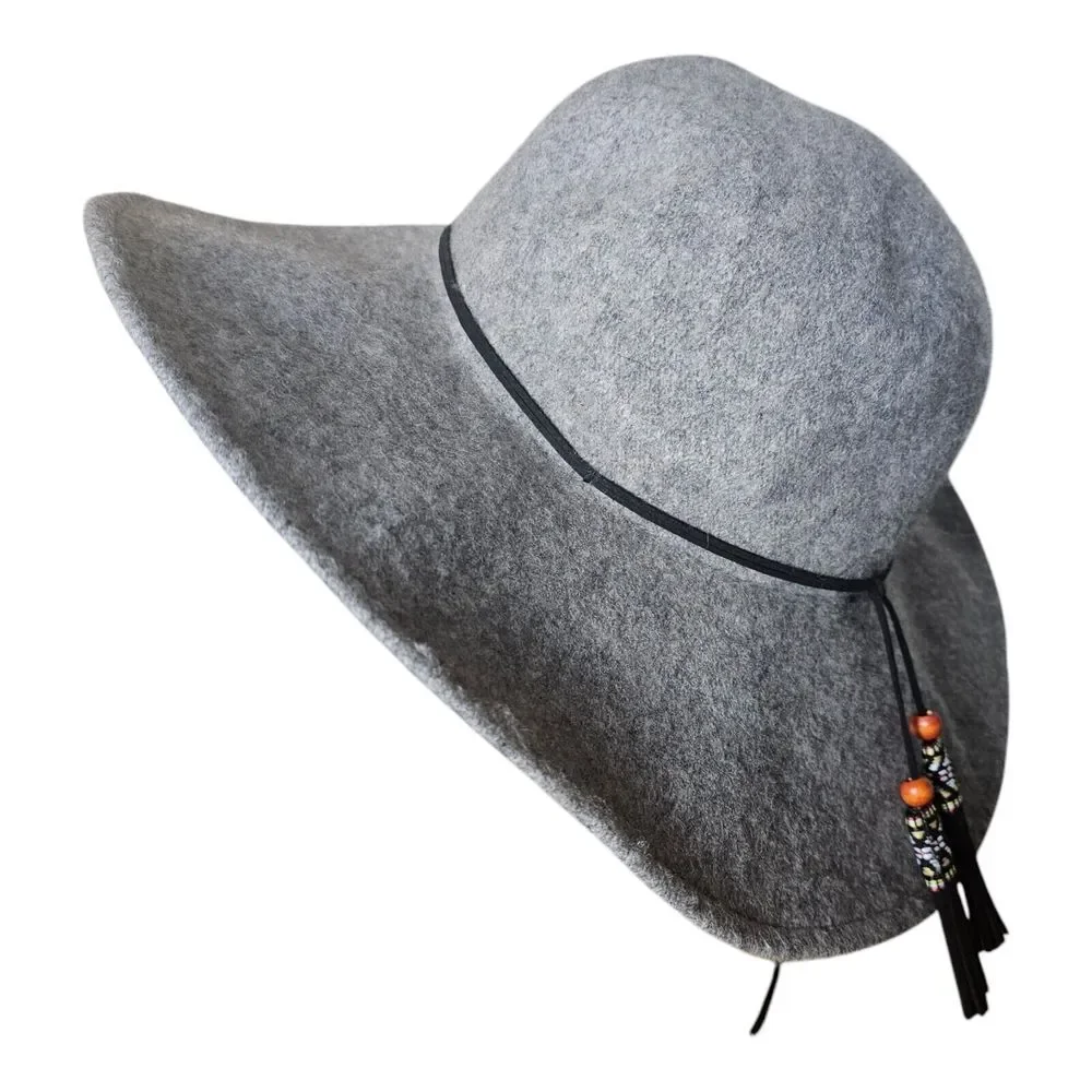NWT‎ Adora Wide Brim 100% Wool Felted Gray Hat Fringe Southwest Boho Floppy OS